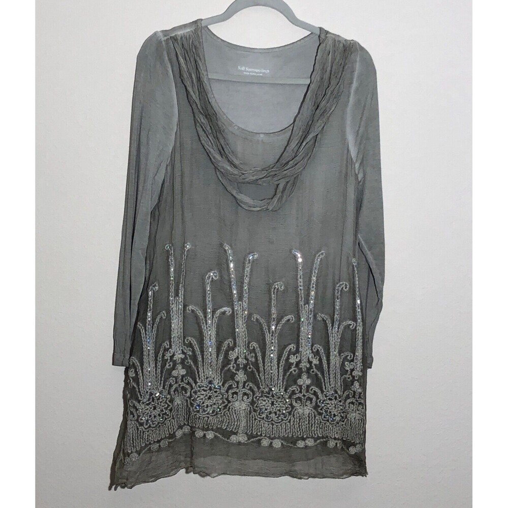 Soft Surroundings Embellished Tunic Top Blouse SZ S Gray Long Sleeve‎ Small